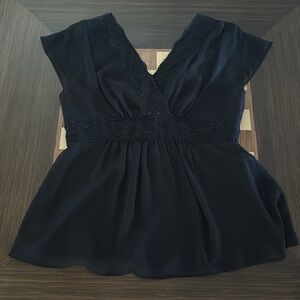 Bahari womens cap sleeve beaded black sheer blouse v-neck size 10.